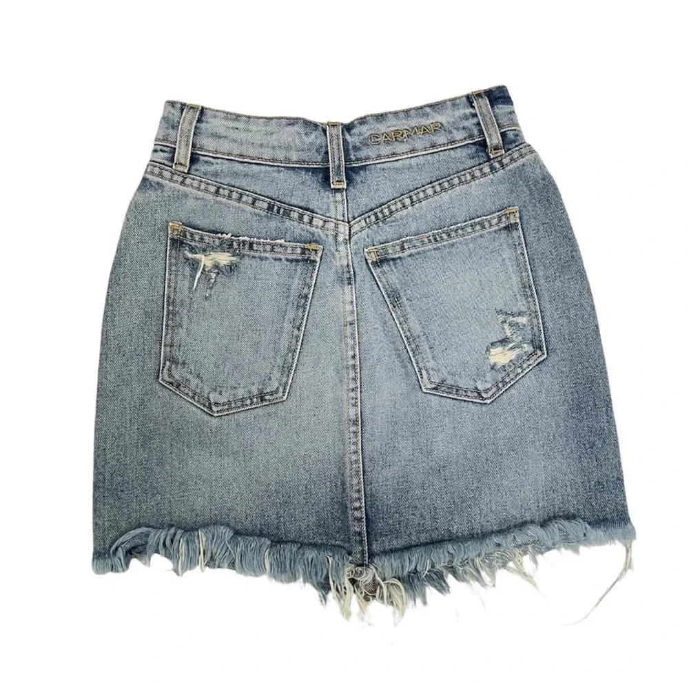 CARMAR Distressed Mini Jean Skirt Size 23 Raw hem 100% Cotton y2k Blue Denim